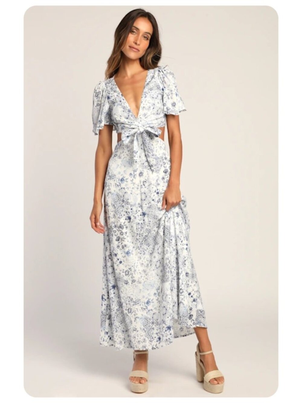 Lulus Stroll The Avenues White Blue Flora Print Tie-Front maxi Dress sz XL